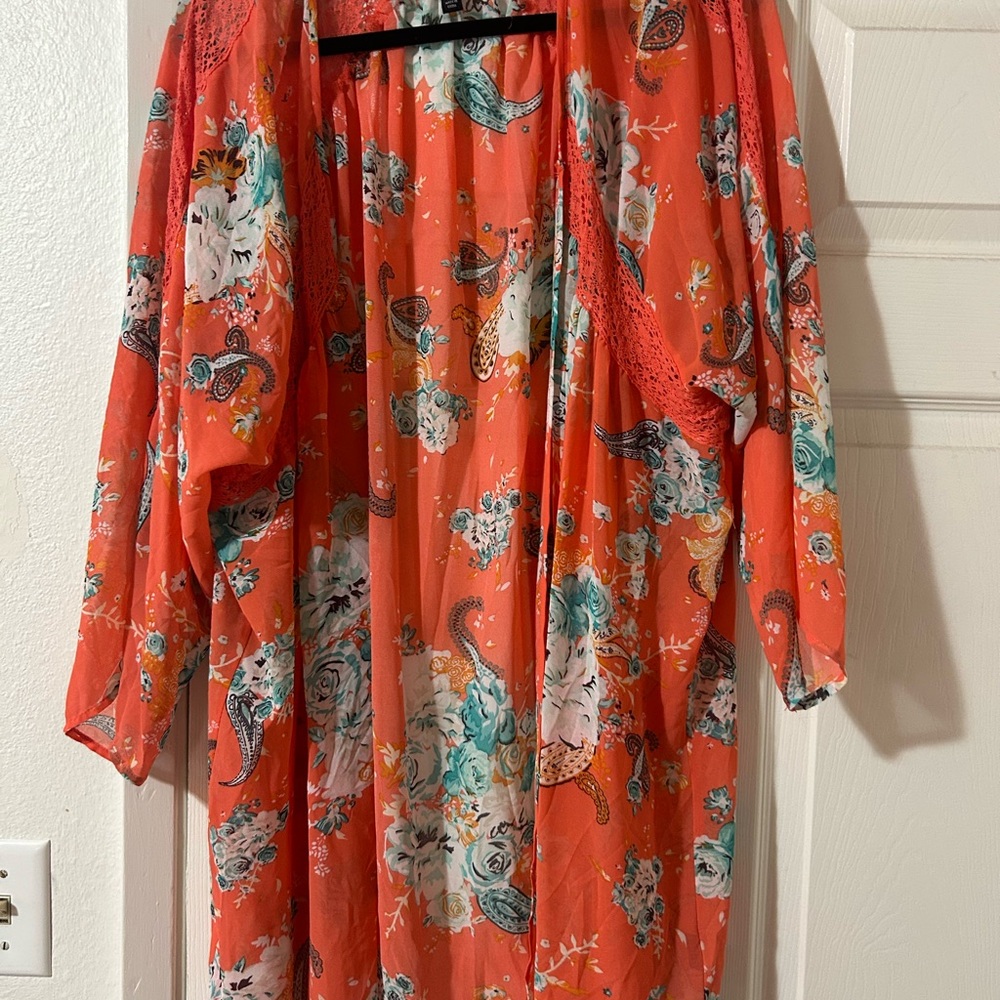 Torrid Coral Floral Lace Kimono